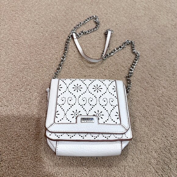 Lodis Leather Crossbody Bag Small Square Laser Cut Floral White Boho Festival - Picture 1 of 13